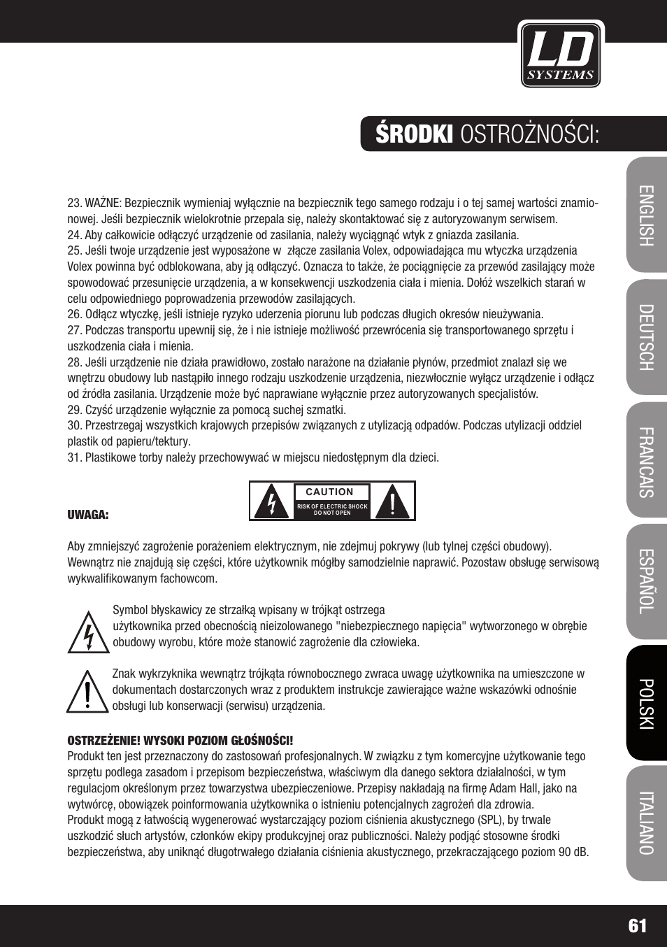 Środki ostrożności | LD Systems DJ 800 User Manual | Page 61 / 86