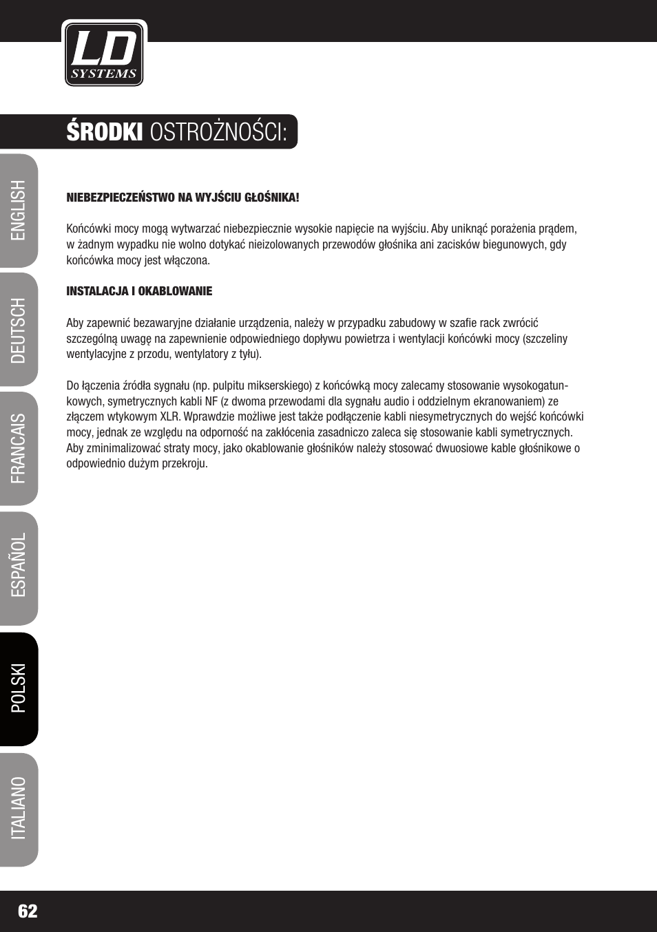Środki ostrożności | LD Systems DJ 800 User Manual | Page 62 / 86