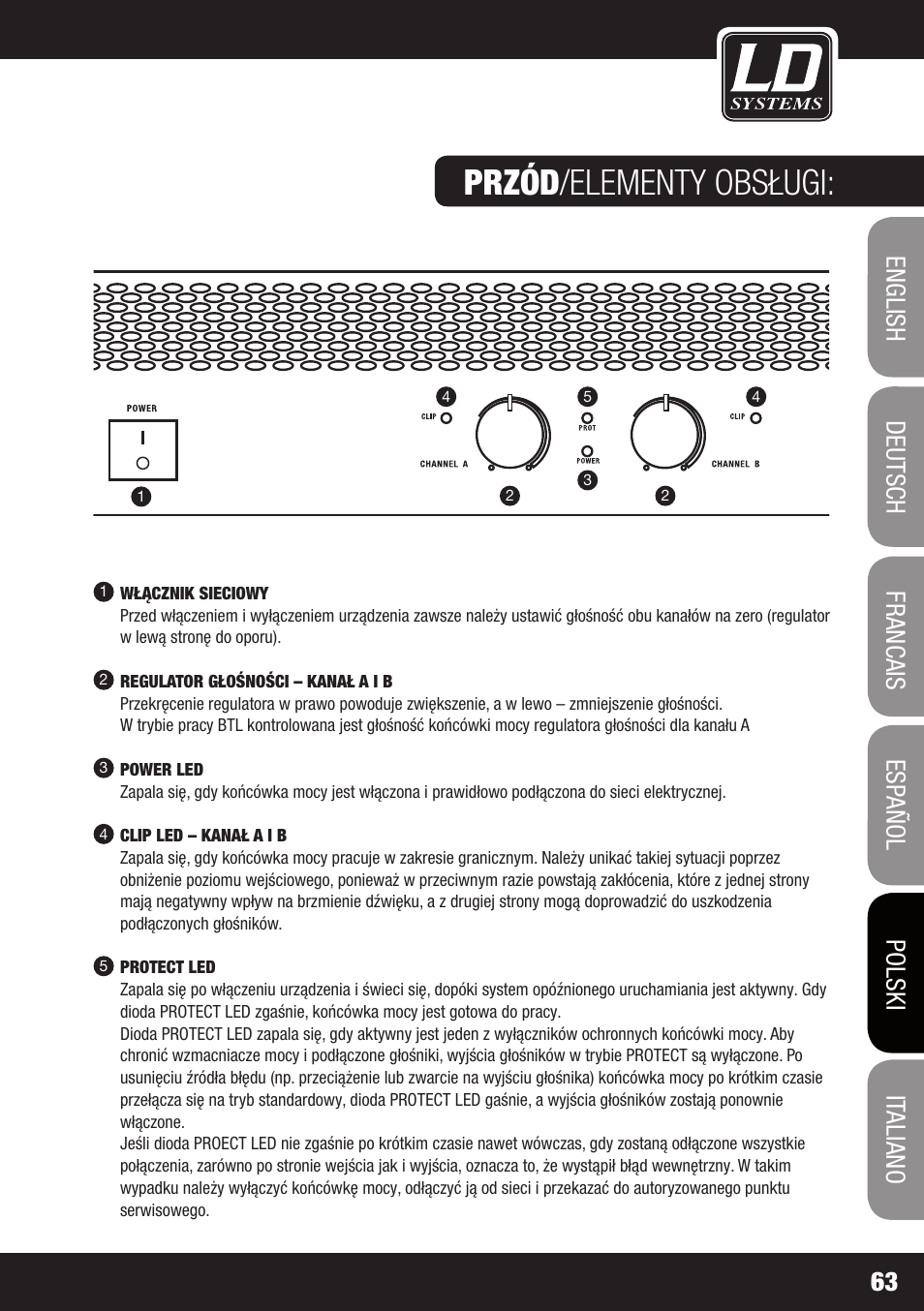 Przód /elementy obsługi | LD Systems DJ 800 User Manual | Page 63 / 86
