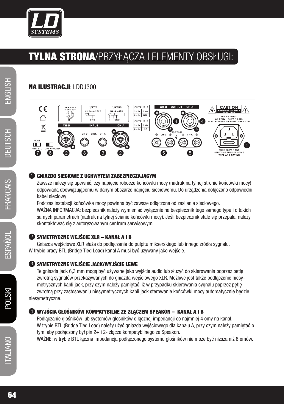 Tylna strona /przyłącza i elementy obsługi | LD Systems DJ 800 User Manual | Page 64 / 86