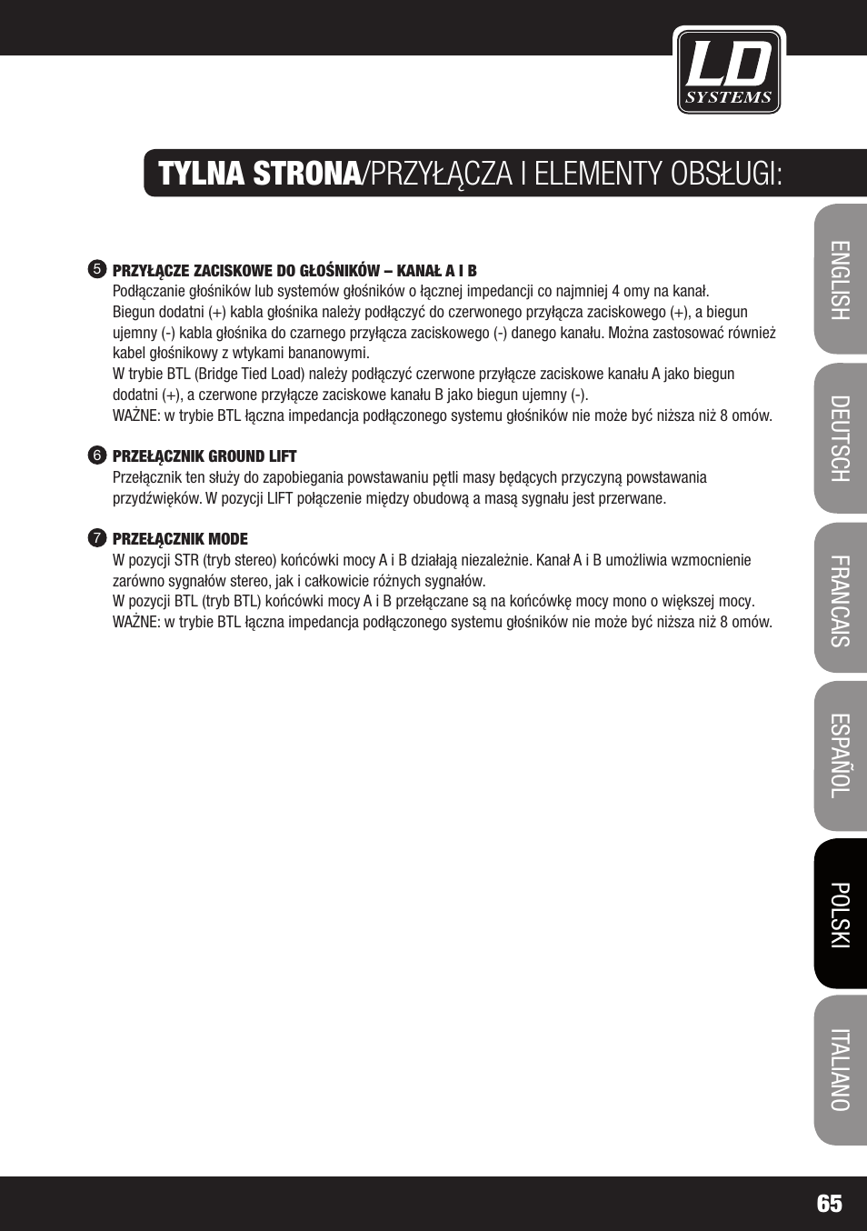 Tylna strona /przyłącza i elementy obsługi | LD Systems DJ 800 User Manual | Page 65 / 86