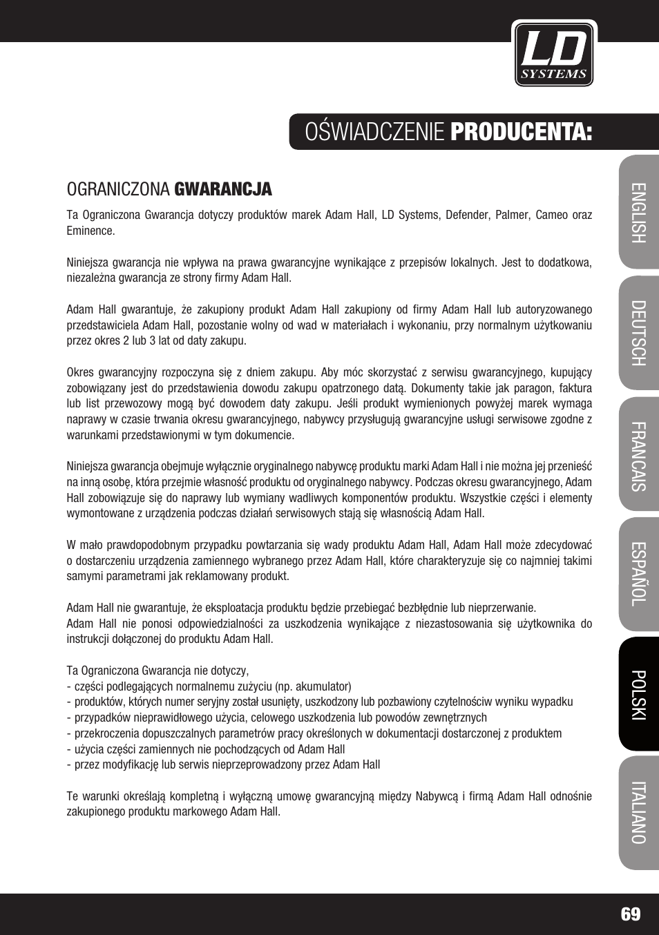 Oświadczenie producenta | LD Systems DJ 800 User Manual | Page 69 / 86