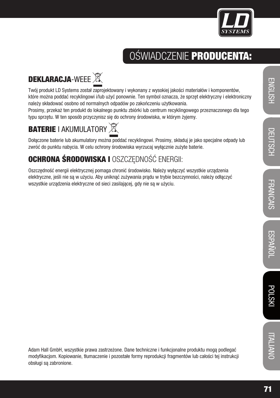Oświadczenie producenta | LD Systems DJ 800 User Manual | Page 71 / 86
