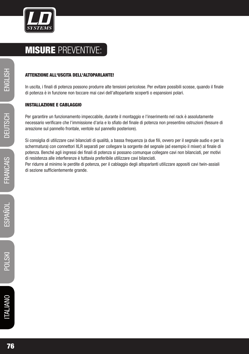 Misure preventive | LD Systems DJ 800 User Manual | Page 76 / 86