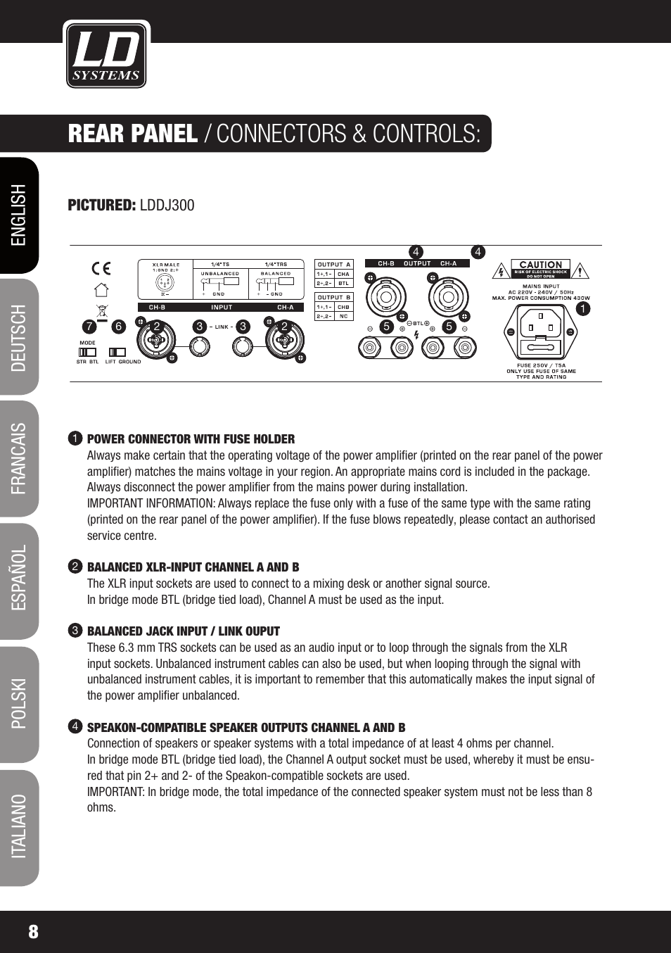 Rear panel, Connectors & controls | LD Systems DJ 800 User Manual | Page 8 / 86