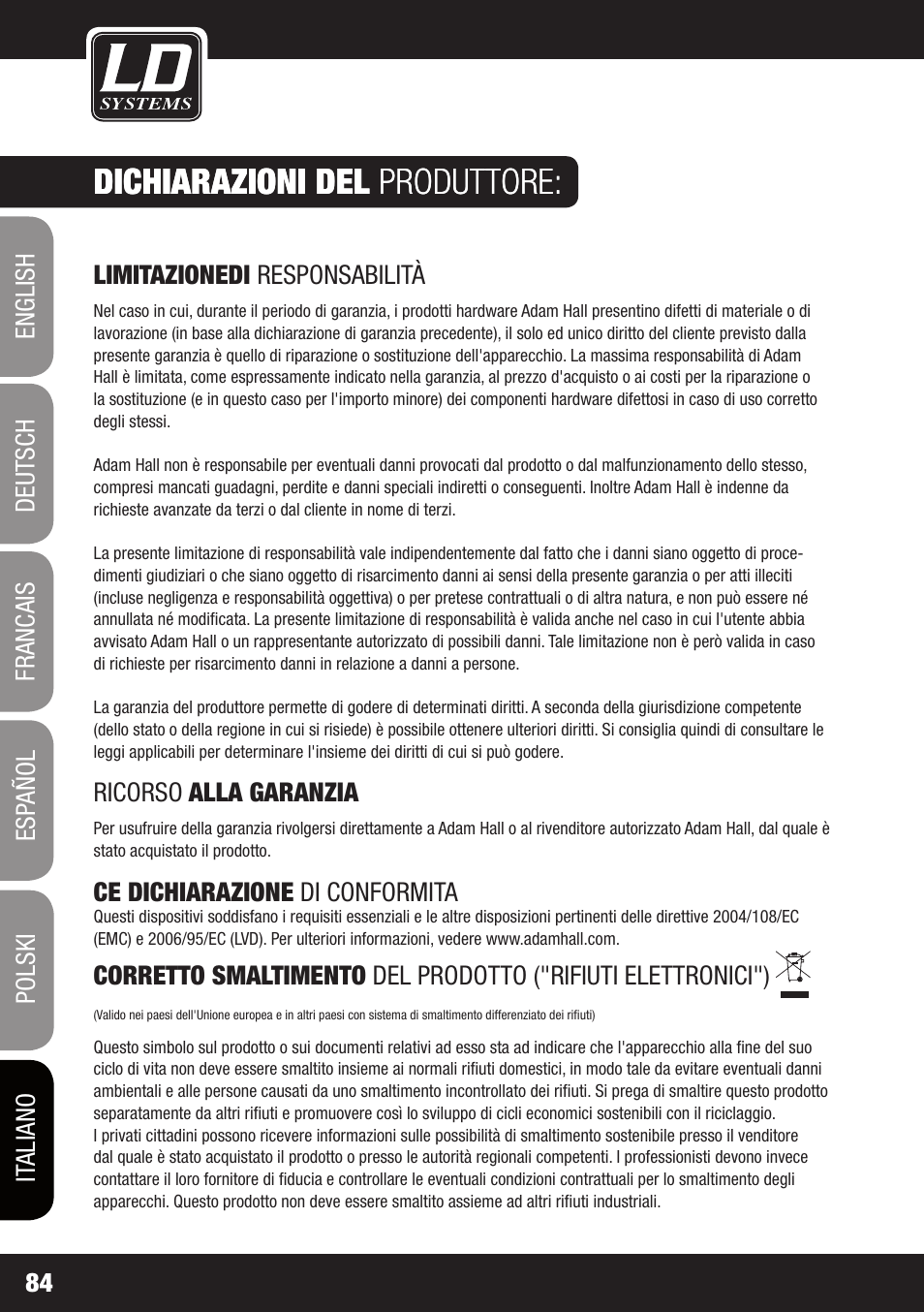 Dichiarazioni del produttore | LD Systems DJ 800 User Manual | Page 84 / 86