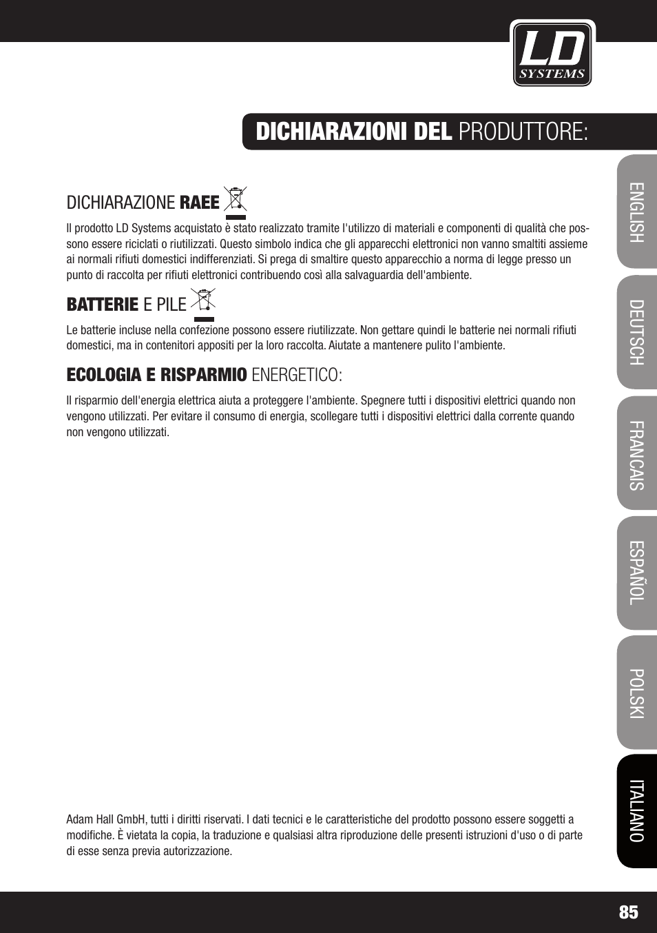 Dichiarazioni del produttore | LD Systems DJ 800 User Manual | Page 85 / 86