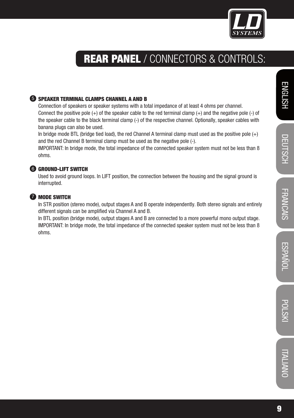 Rear panel / connectors & controls | LD Systems DJ 800 User Manual | Page 9 / 86