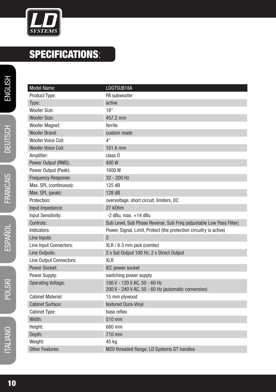 Specifications | LD Systems GT SUB 15 A User Manual | Page 10 / 76