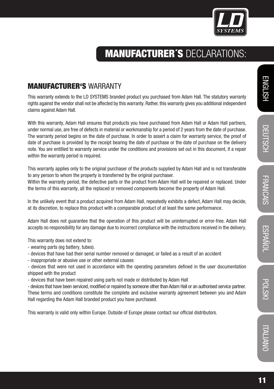 Manufacturer´s declarations, Specifications | LD Systems GT SUB 15 A User Manual | Page 11 / 76