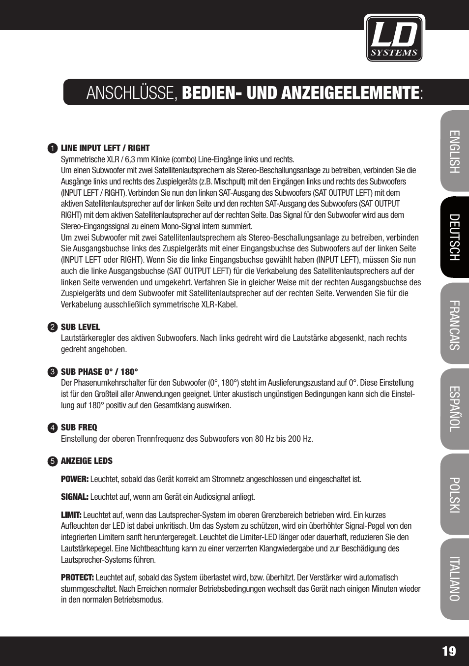 Anschlüsse, bedien- und anzeigeelemente | LD Systems GT SUB 15 A User Manual | Page 19 / 76