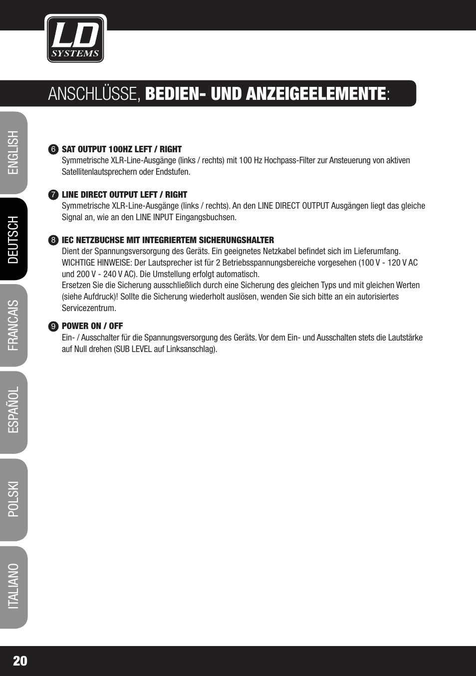 Anschlüsse, bedien- und anzeigeelemente | LD Systems GT SUB 15 A User Manual | Page 20 / 76