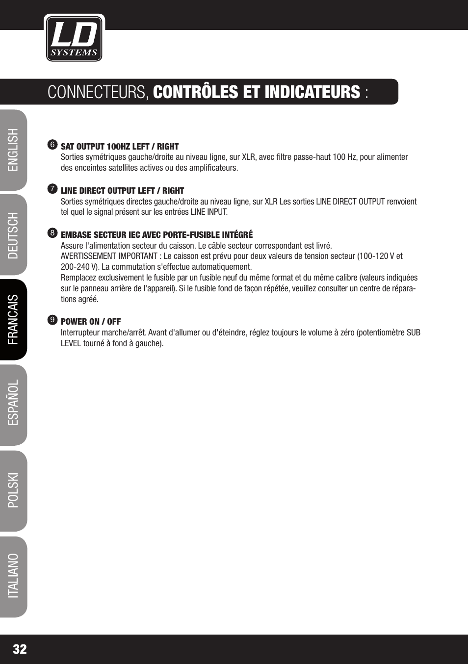 Connecteurs, contrôles et indicateurs | LD Systems GT SUB 15 A User Manual | Page 32 / 76