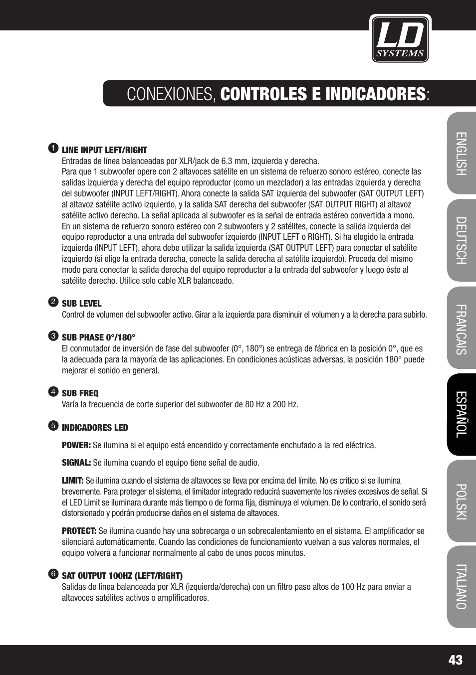 Conexiones, controles e indicadores | LD Systems GT SUB 15 A User Manual | Page 43 / 76