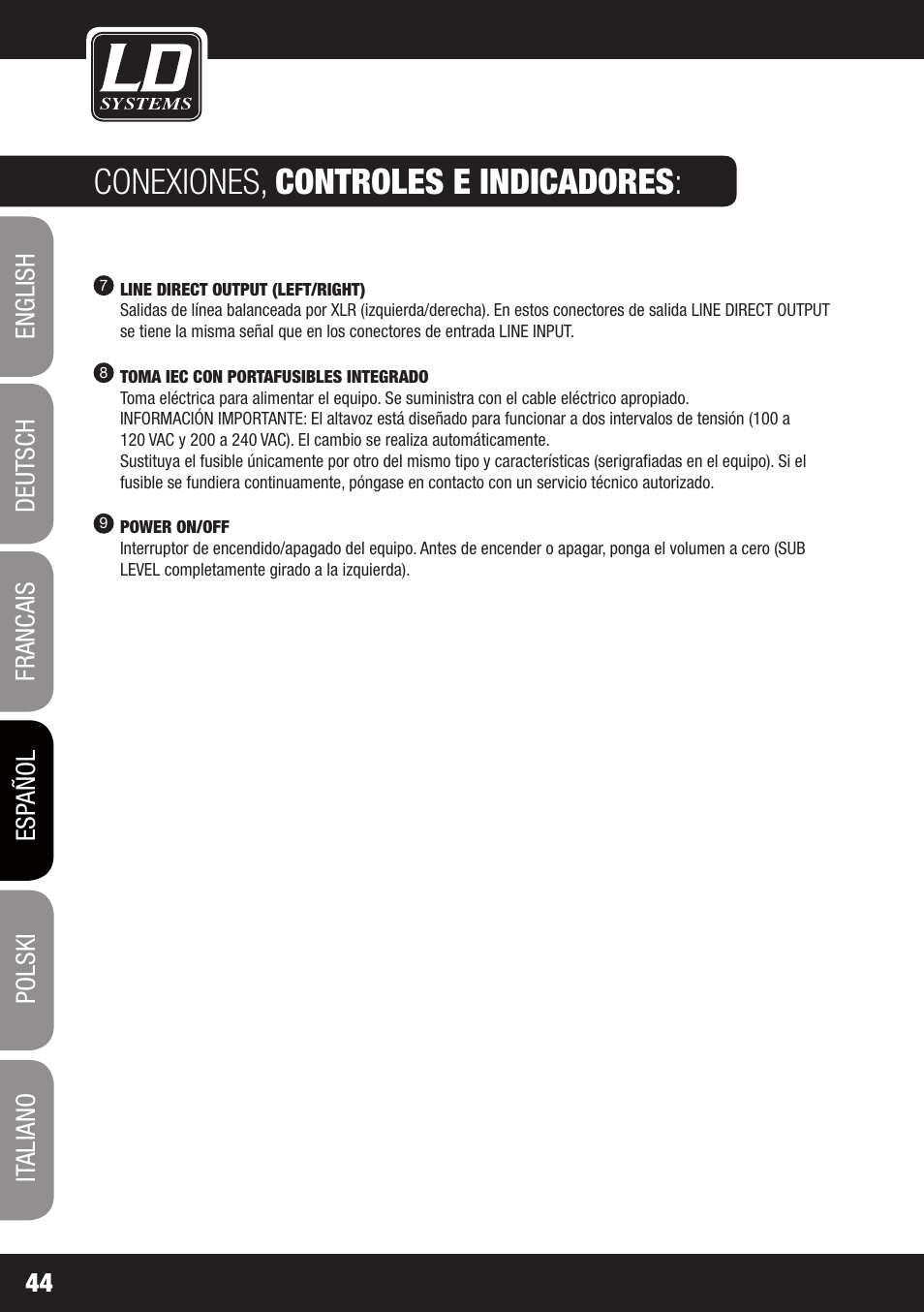 Conexiones, controles e indicadores | LD Systems GT SUB 15 A User Manual | Page 44 / 76