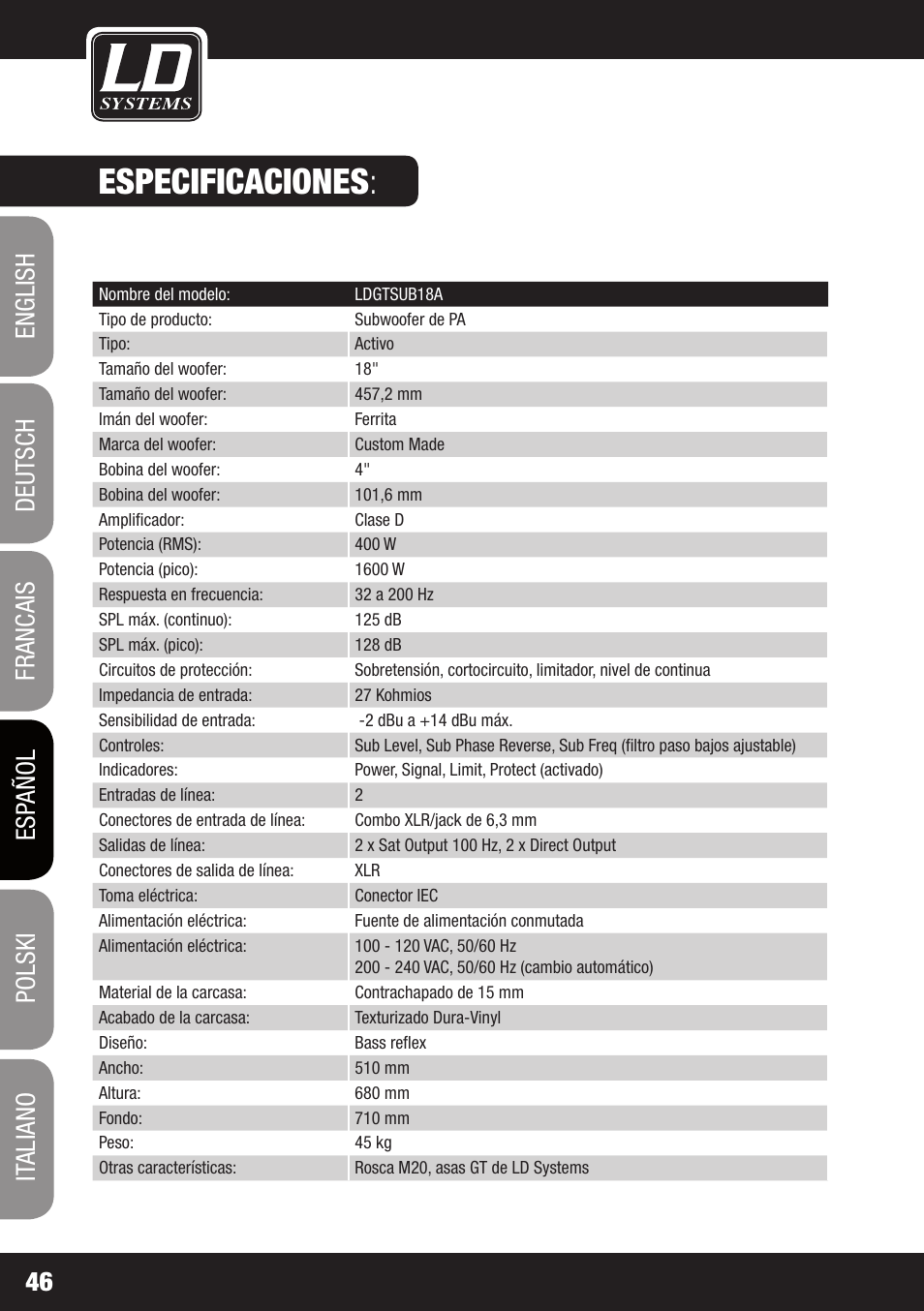 Especificaciones | LD Systems GT SUB 15 A User Manual | Page 46 / 76