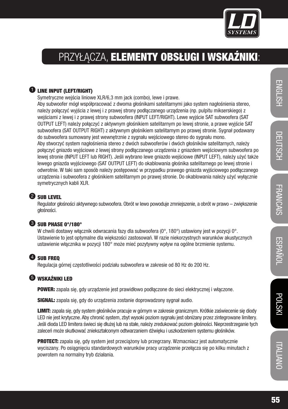 Przyłącza, elementy obsługi i wskaźniki | LD Systems GT SUB 15 A User Manual | Page 55 / 76