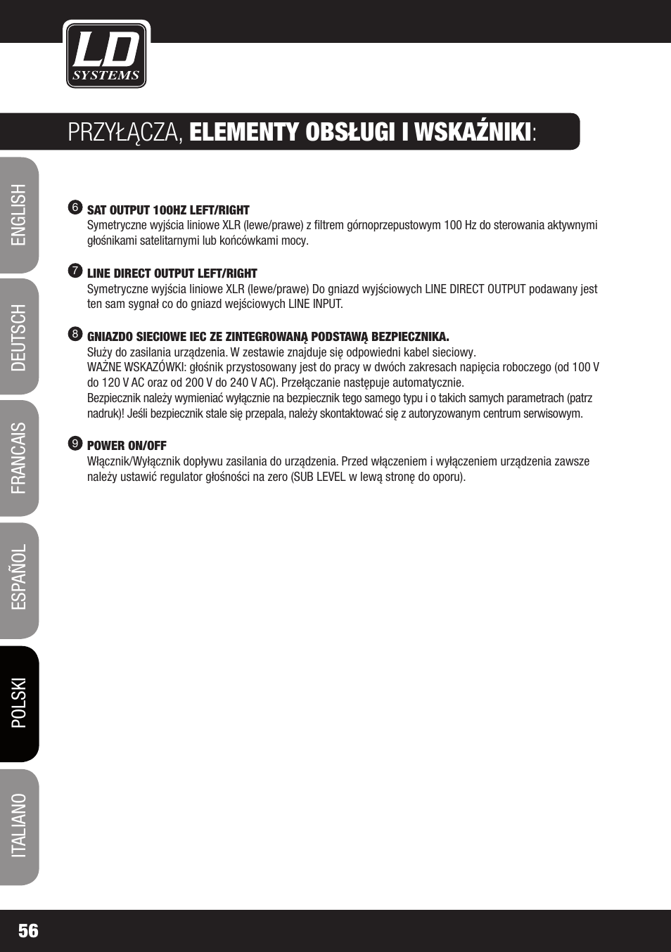 Przyłącza, elementy obsługi i wskaźniki | LD Systems GT SUB 15 A User Manual | Page 56 / 76