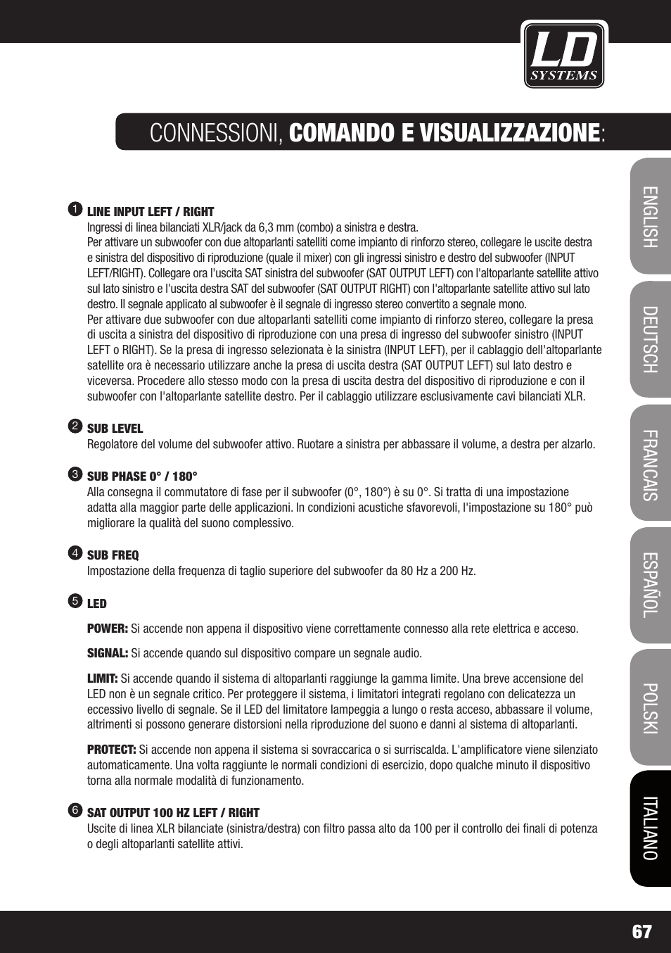 Connessioni, comando e visualizzazione | LD Systems GT SUB 15 A User Manual | Page 67 / 76