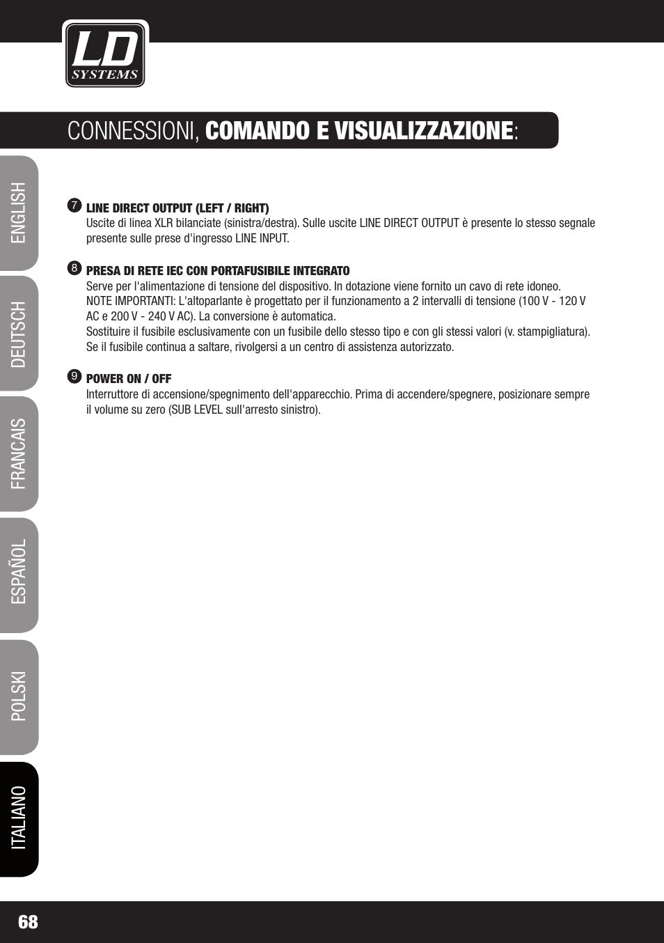 Connessioni, comando e visualizzazione | LD Systems GT SUB 15 A User Manual | Page 68 / 76