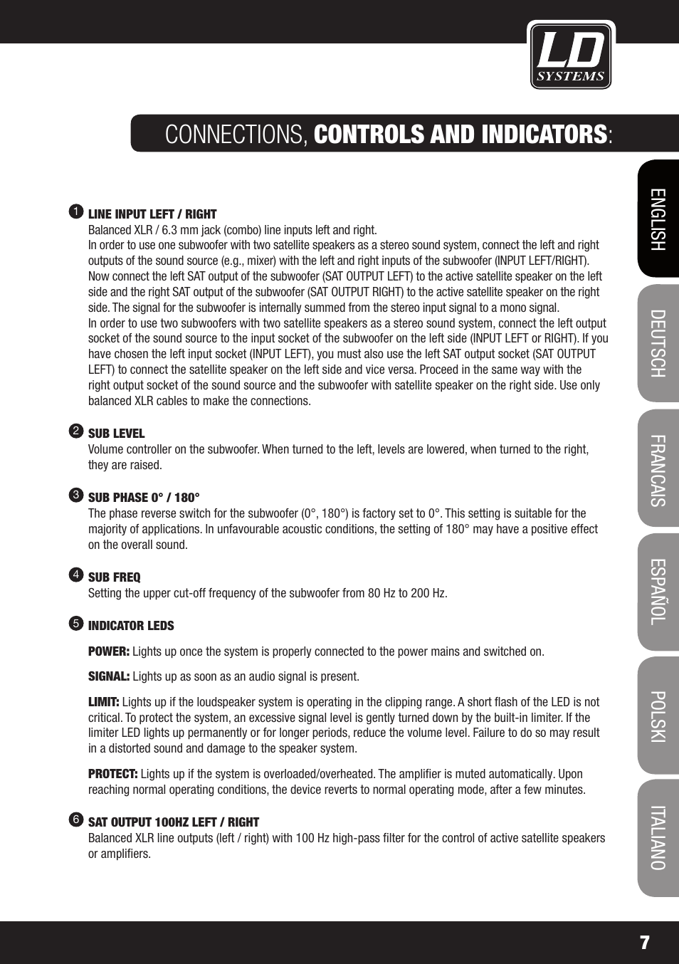 Connections, controls and indicators | LD Systems GT SUB 15 A User Manual | Page 7 / 76