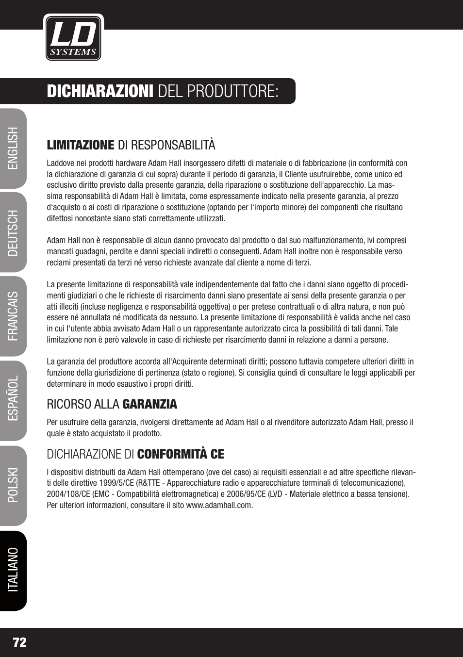 Dichiarazioni del produttore | LD Systems GT SUB 15 A User Manual | Page 72 / 76