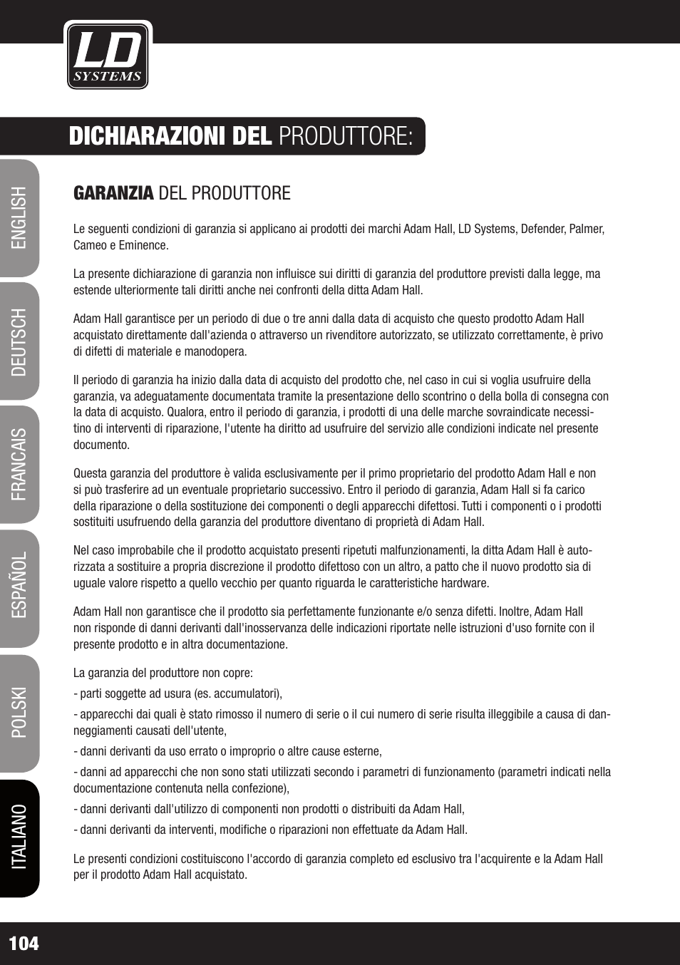Dichiarazioni del produttore | LD Systems STINGER SUB 15 A G2 User Manual | Page 104 / 110