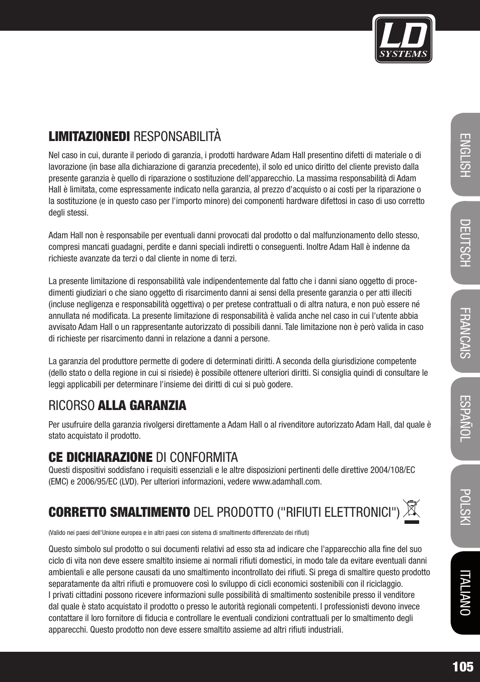 Limitazionedi responsabilità, Ricorso alla garanzia, Ce dichiarazione di conformita | LD Systems STINGER SUB 15 A G2 User Manual | Page 105 / 110