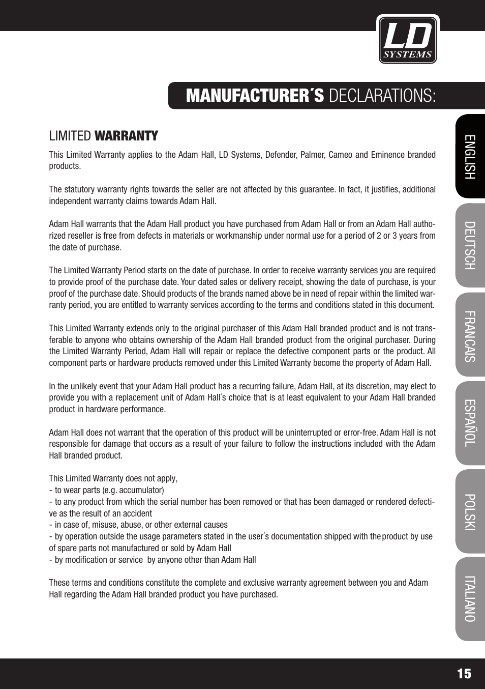 Manufacturer´s declarations | LD Systems STINGER SUB 15 A G2 User Manual | Page 15 / 110