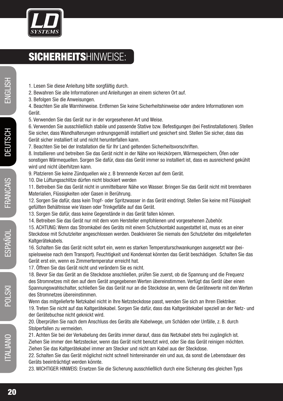 Sicherheits hinweise | LD Systems STINGER SUB 15 A G2 User Manual | Page 20 / 110