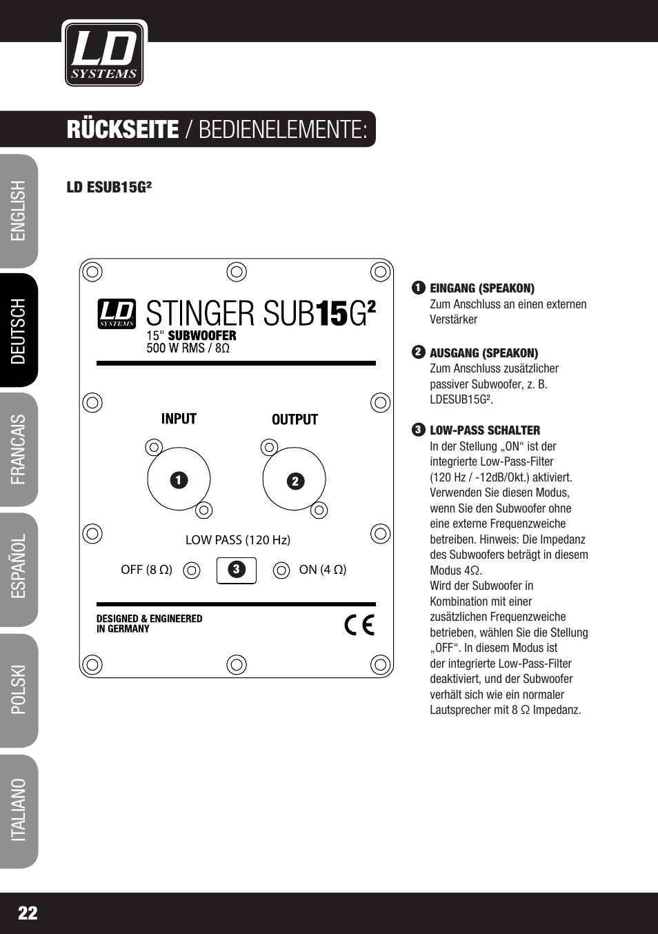 Rückseite / bedienelemente | LD Systems STINGER SUB 15 A G2 User Manual | Page 22 / 110