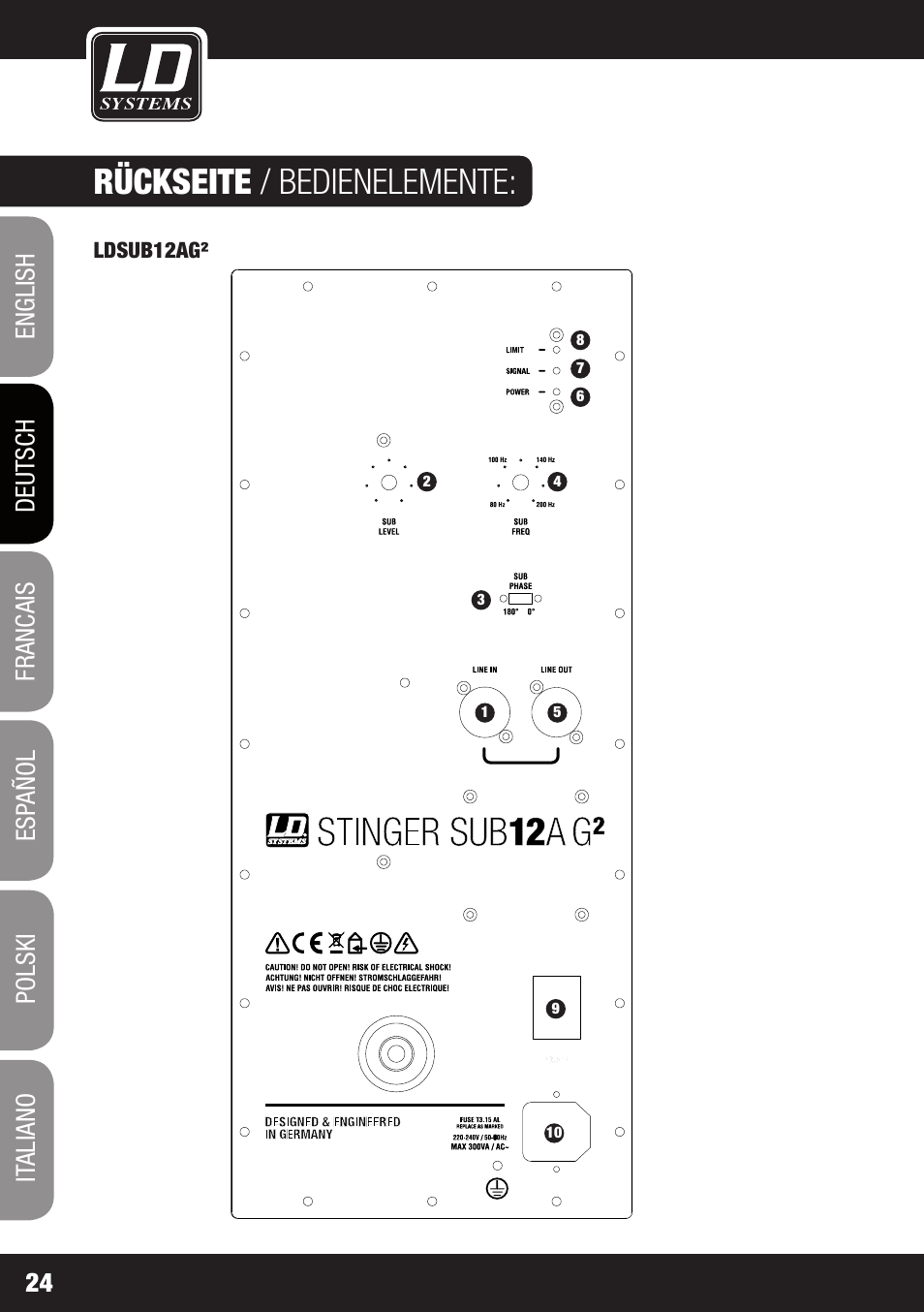 Rückseite / bedienelemente | LD Systems STINGER SUB 15 A G2 User Manual | Page 24 / 110