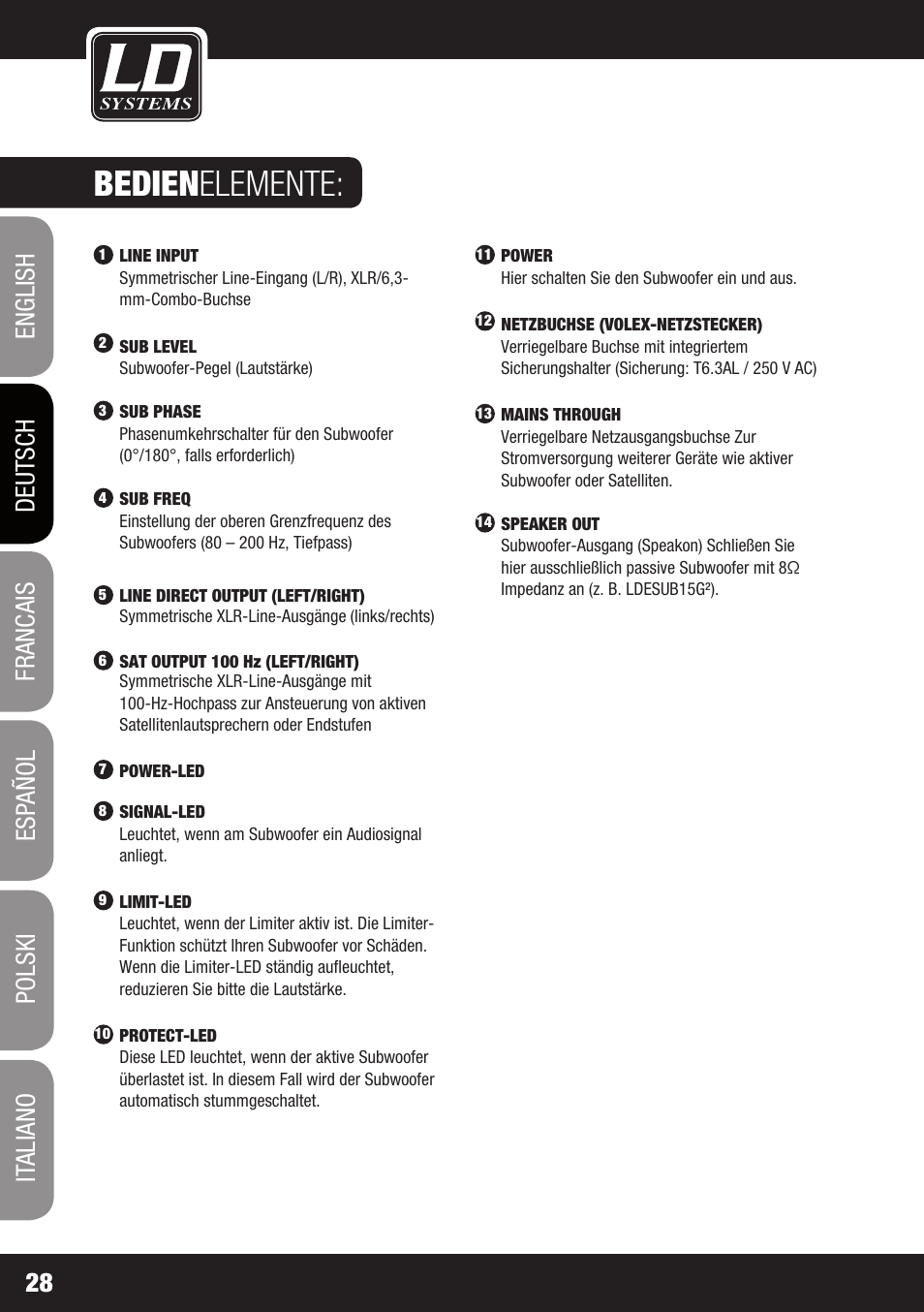 Bedien elemente | LD Systems STINGER SUB 15 A G2 User Manual | Page 28 / 110