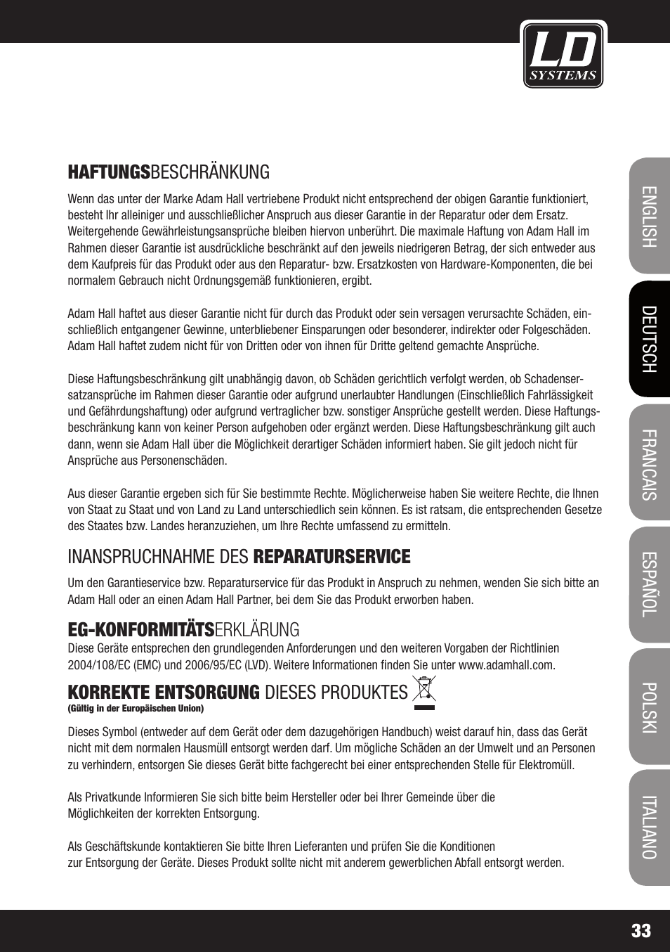 Inanspruchnahme des reparaturservice, Eg-konformitäts erklärung, Korrekte entsorgung dieses produktes | LD Systems STINGER SUB 15 A G2 User Manual | Page 33 / 110
