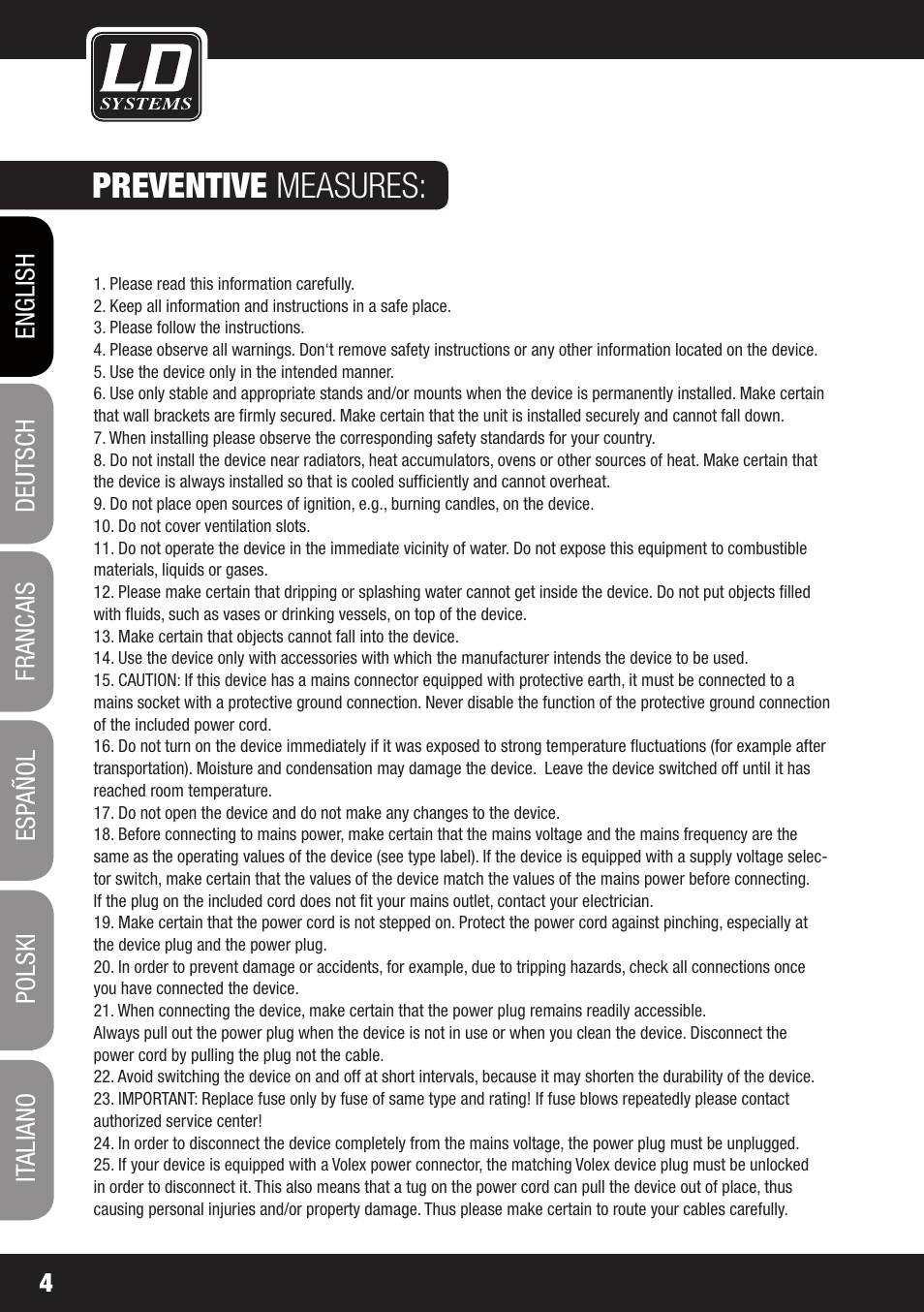 Preventive measures | LD Systems STINGER SUB 15 A G2 User Manual | Page 4 / 110