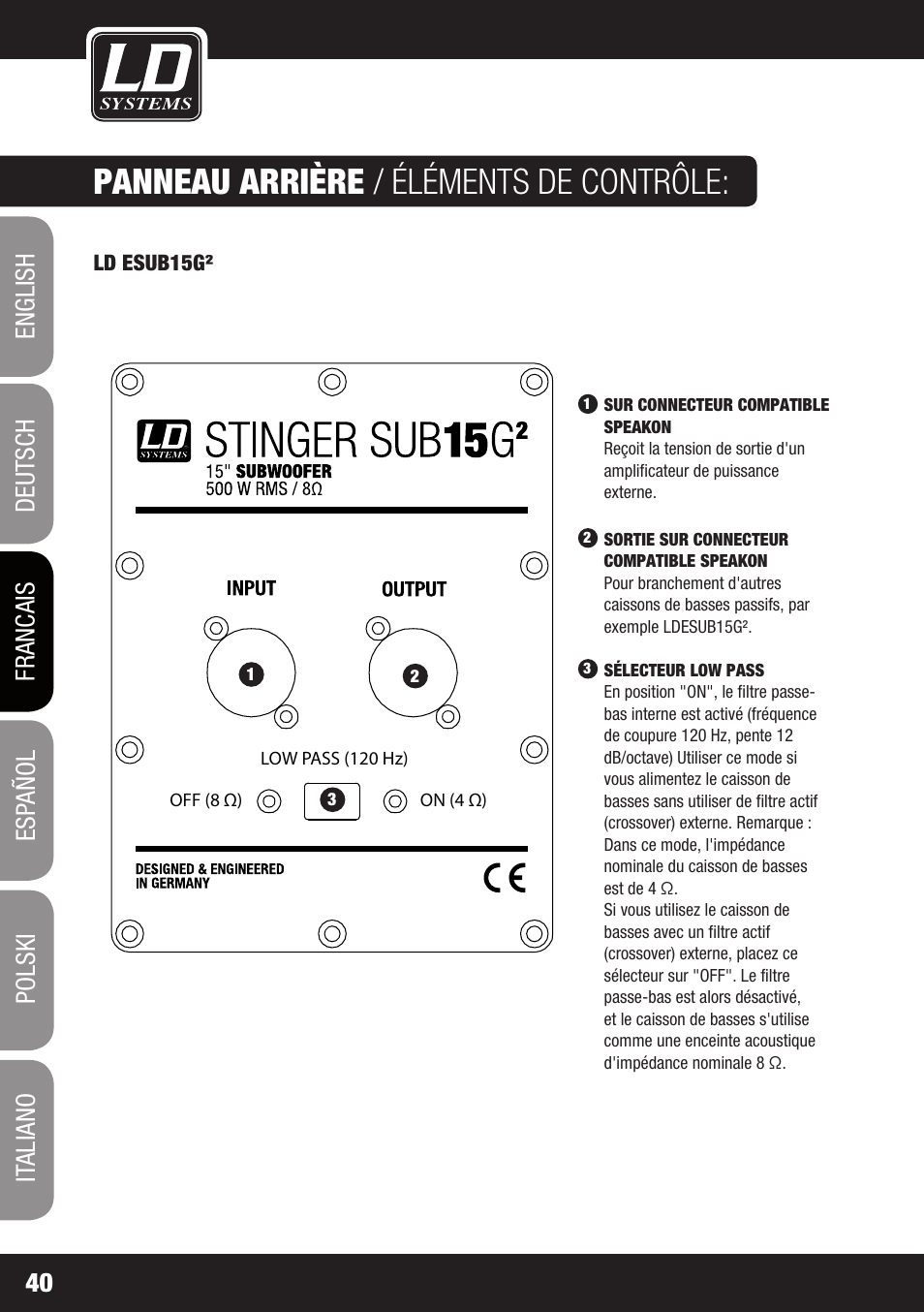 Panneau arrière / éléments de contrôle | LD Systems STINGER SUB 15 A G2 User Manual | Page 40 / 110