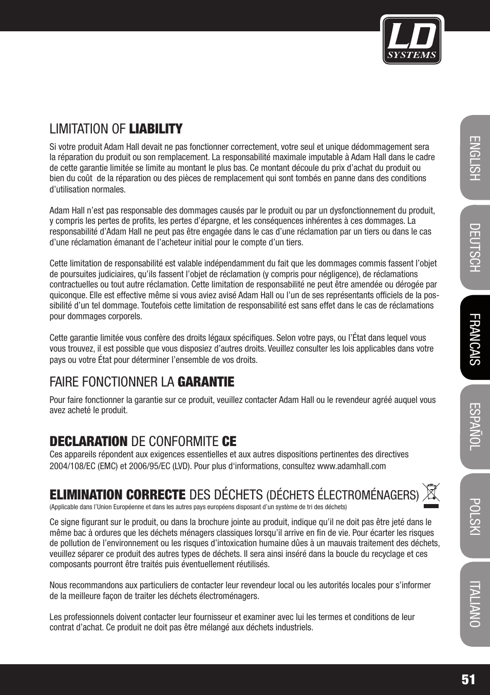 Faire fonctionner la garantie, Declaration de conformite ce, Elimination correcte des déchets | LD Systems STINGER SUB 15 A G2 User Manual | Page 51 / 110