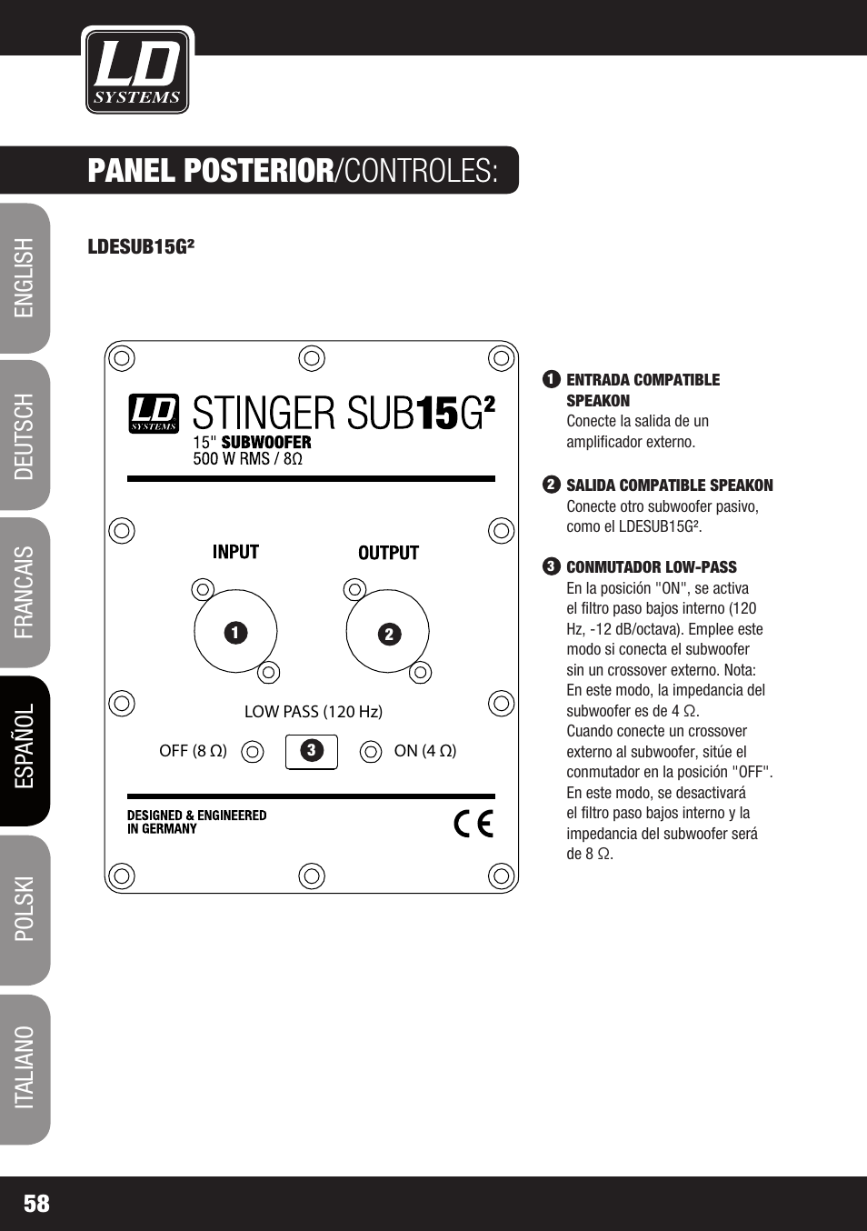 Panel posterior /controles | LD Systems STINGER SUB 15 A G2 User Manual | Page 58 / 110