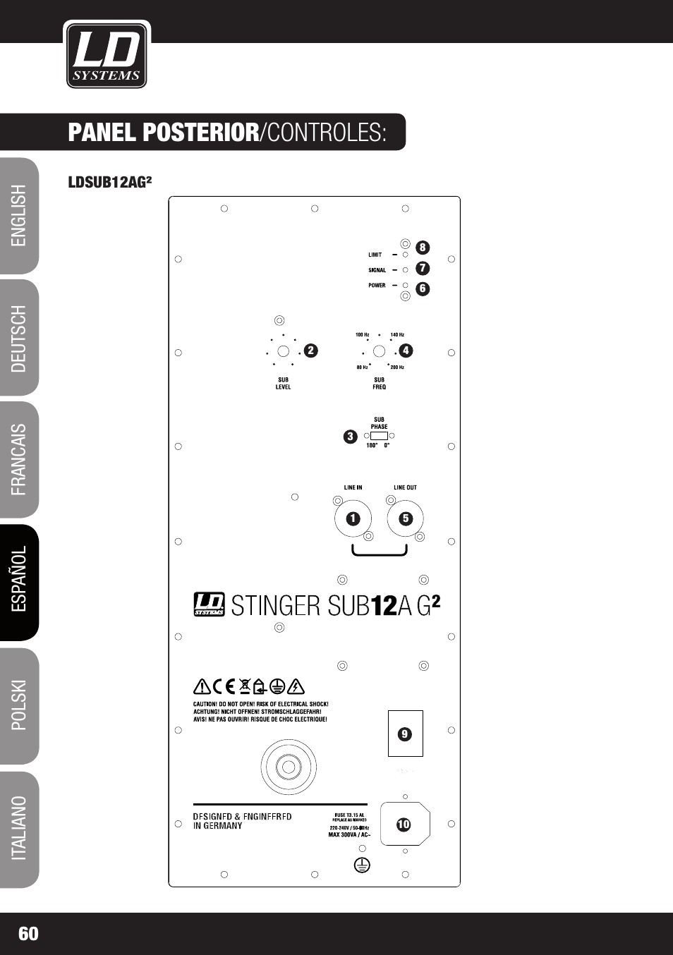 Panel posterior /controles | LD Systems STINGER SUB 15 A G2 User Manual | Page 60 / 110