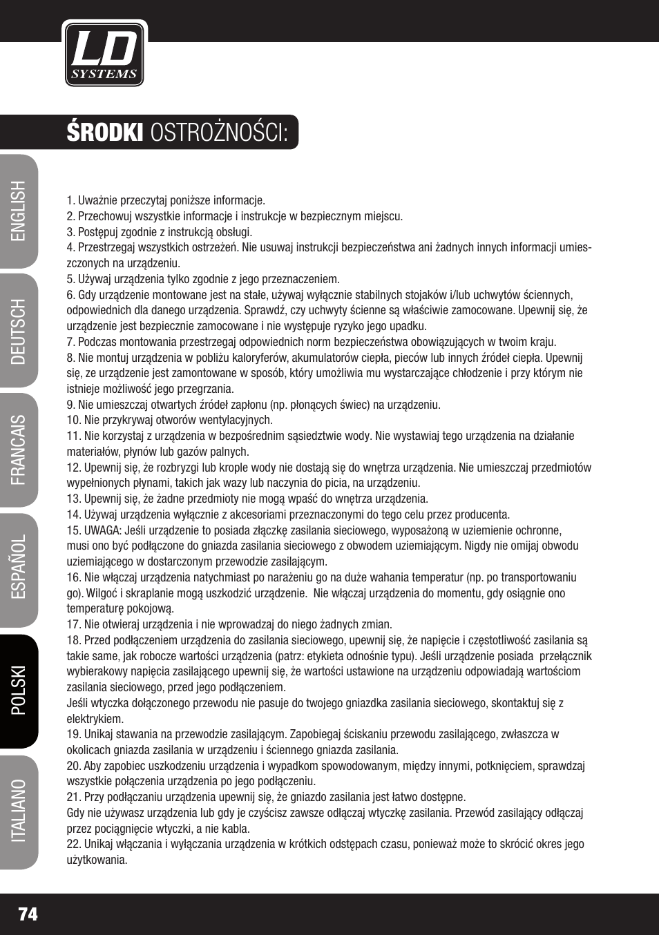 Środki ostrożności | LD Systems STINGER SUB 15 A G2 User Manual | Page 74 / 110