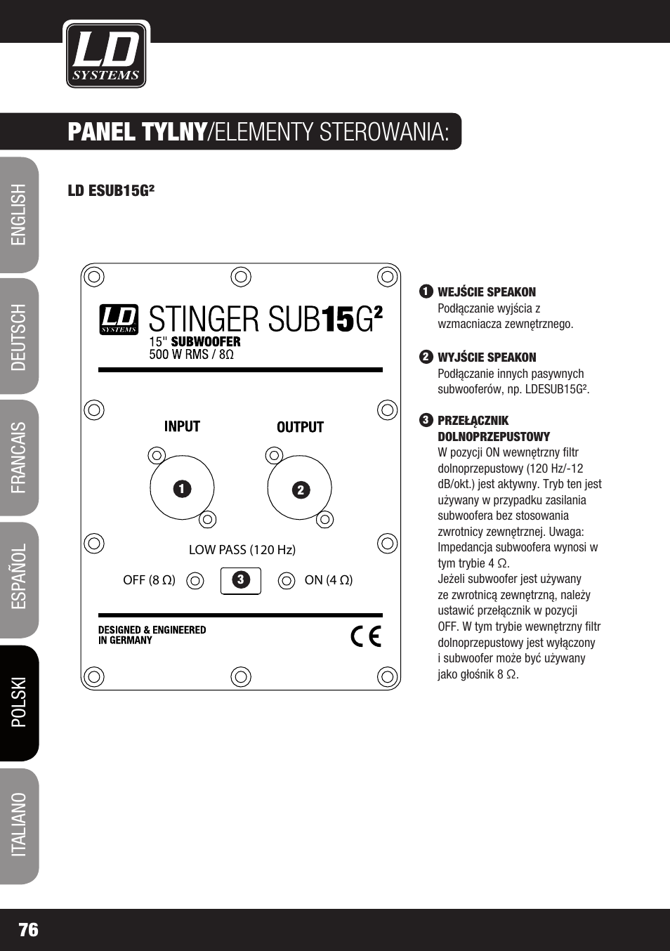 Panel tylny /elementy sterowania | LD Systems STINGER SUB 15 A G2 User Manual | Page 76 / 110