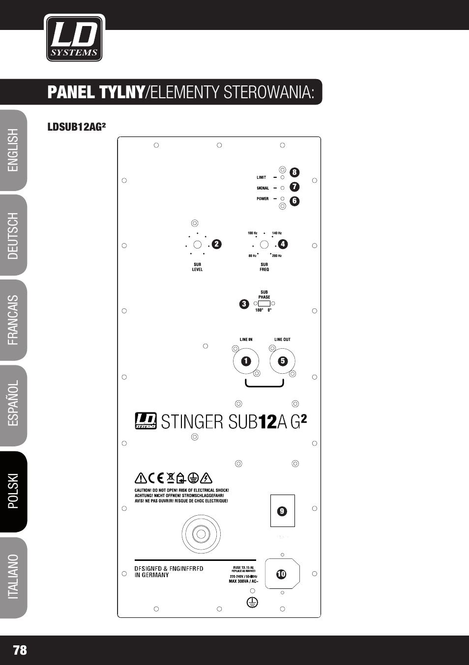 Panel tylny /elementy sterowania | LD Systems STINGER SUB 15 A G2 User Manual | Page 78 / 110