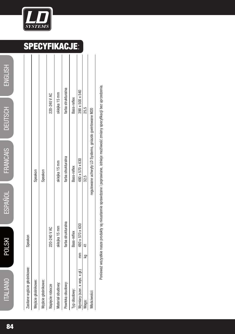 Specyfikacje | LD Systems STINGER SUB 15 A G2 User Manual | Page 84 / 110