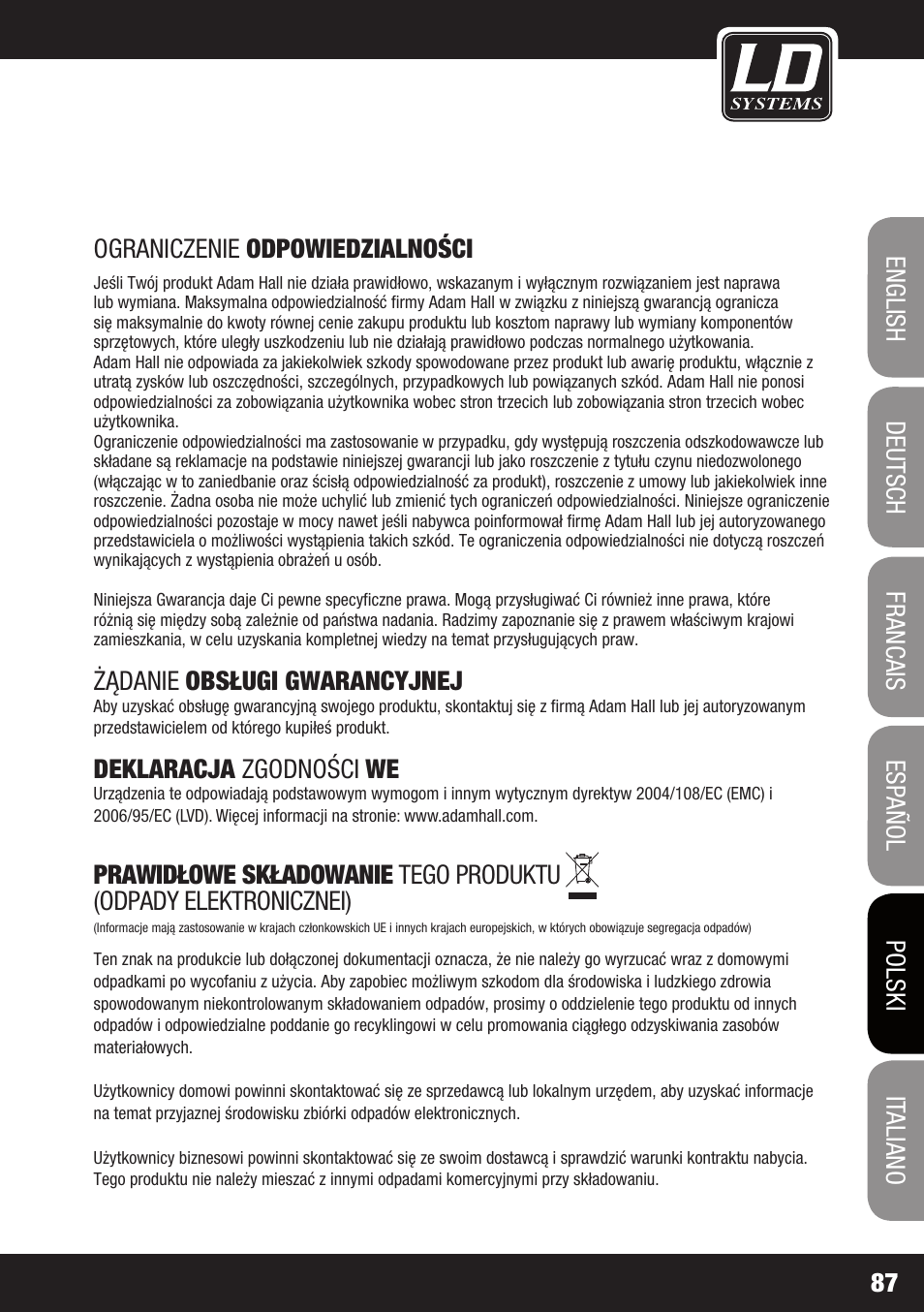 Ograniczenie odpowiedzialności, Żądanie obsługi gwarancyjnej, Deklaracja zgodności we | Prawidłowe składowanie tego produktu, Odpady elektronicznei) | LD Systems STINGER SUB 15 A G2 User Manual | Page 87 / 110