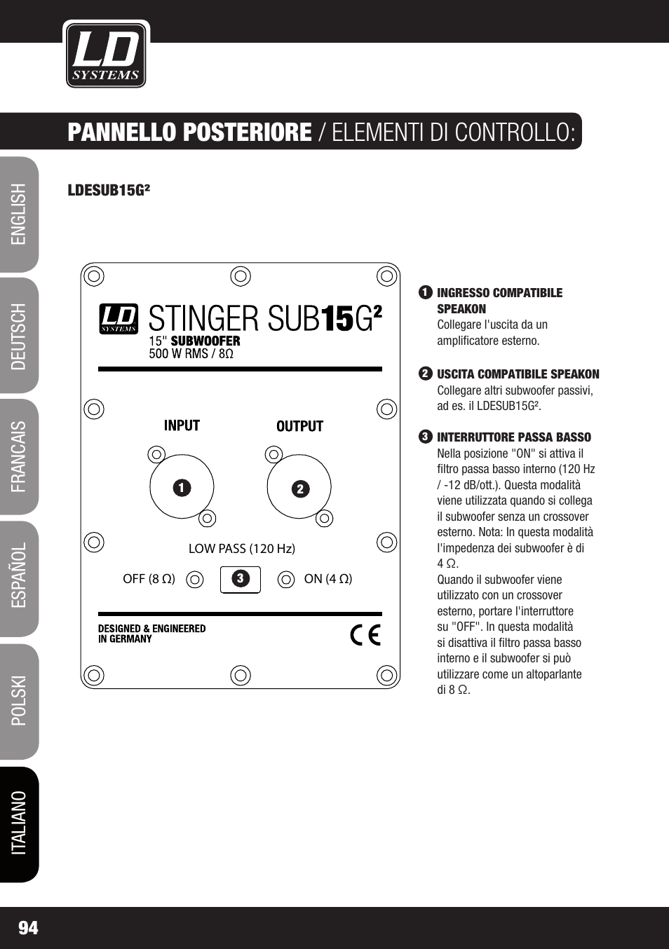 Pannello posteriore / elementi di controllo | LD Systems STINGER SUB 15 A G2 User Manual | Page 94 / 110