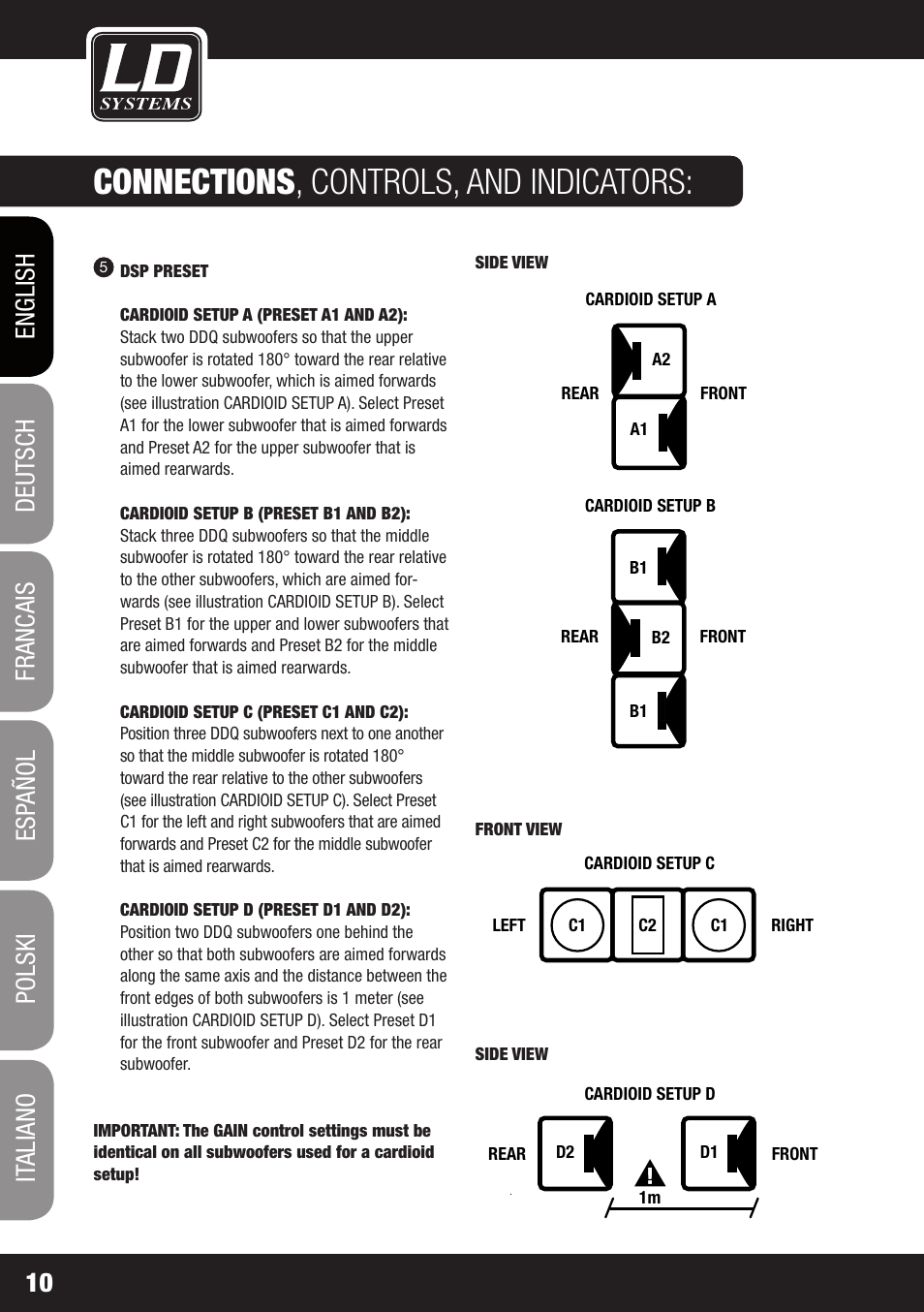 Dd o sub 18, Connections , controls, and indicators | LD Systems DDQ SUB 18 User Manual | Page 10 / 136