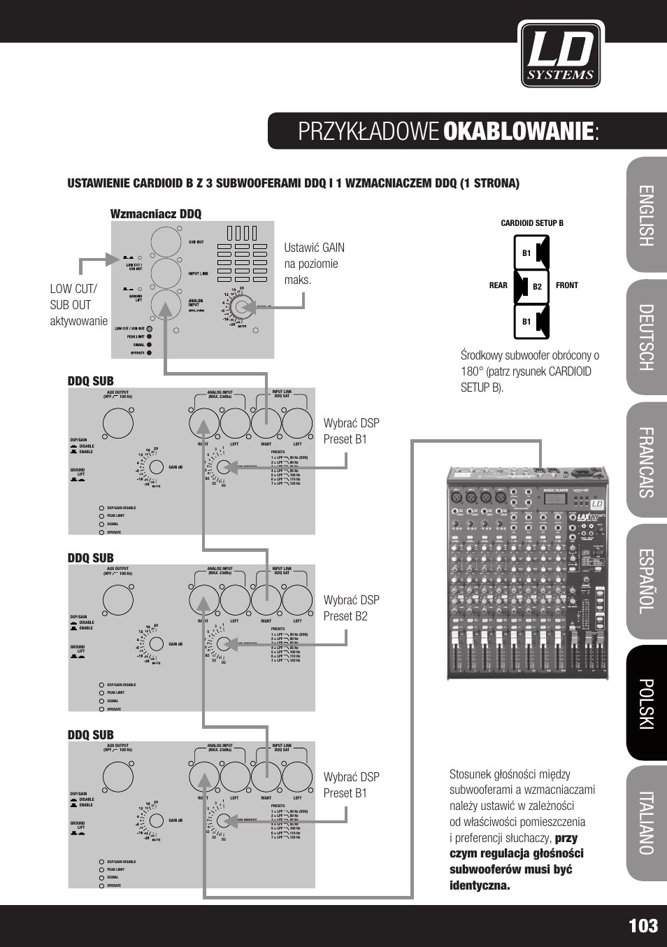 Przykładowe, Okablowanie, Dd o sub 18 | Dsp preset, Left right left, Ground lift, Dsp/gain disable enable, Input link ddq sat, 1m d2 d1 | LD Systems DDQ SUB 18 User Manual | Page 103 / 136