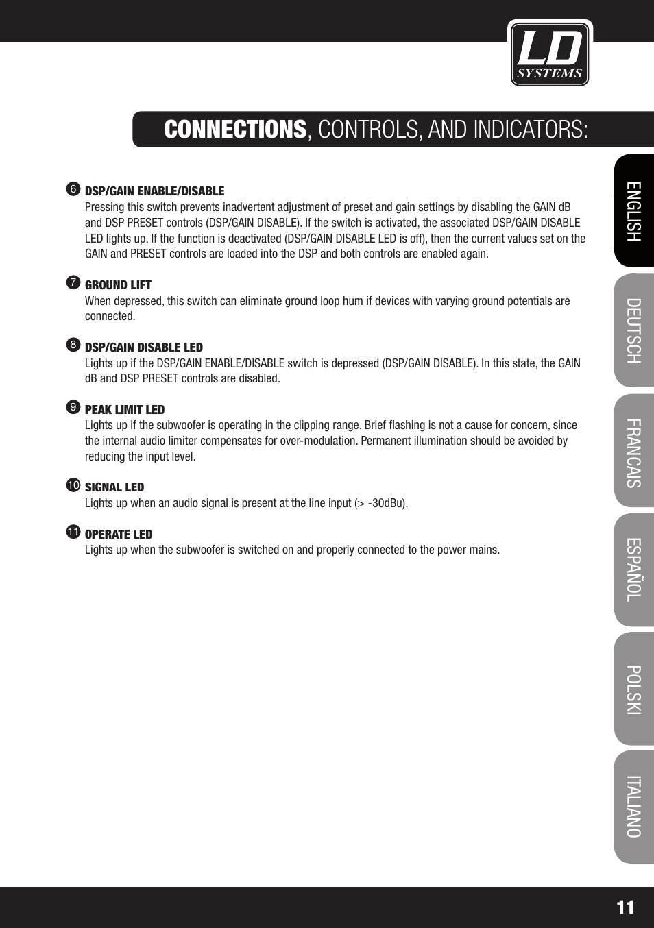 Connections , controls, and indicators | LD Systems DDQ SUB 18 User Manual | Page 11 / 136