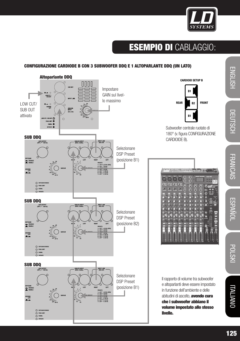 Esempio di cablaggio, Dd o sub 18, Dsp preset | Left right left, Ground lift, Dsp/gain disable enable, Input link ddq sat, 1m d2 d1 | LD Systems DDQ SUB 18 User Manual | Page 125 / 136