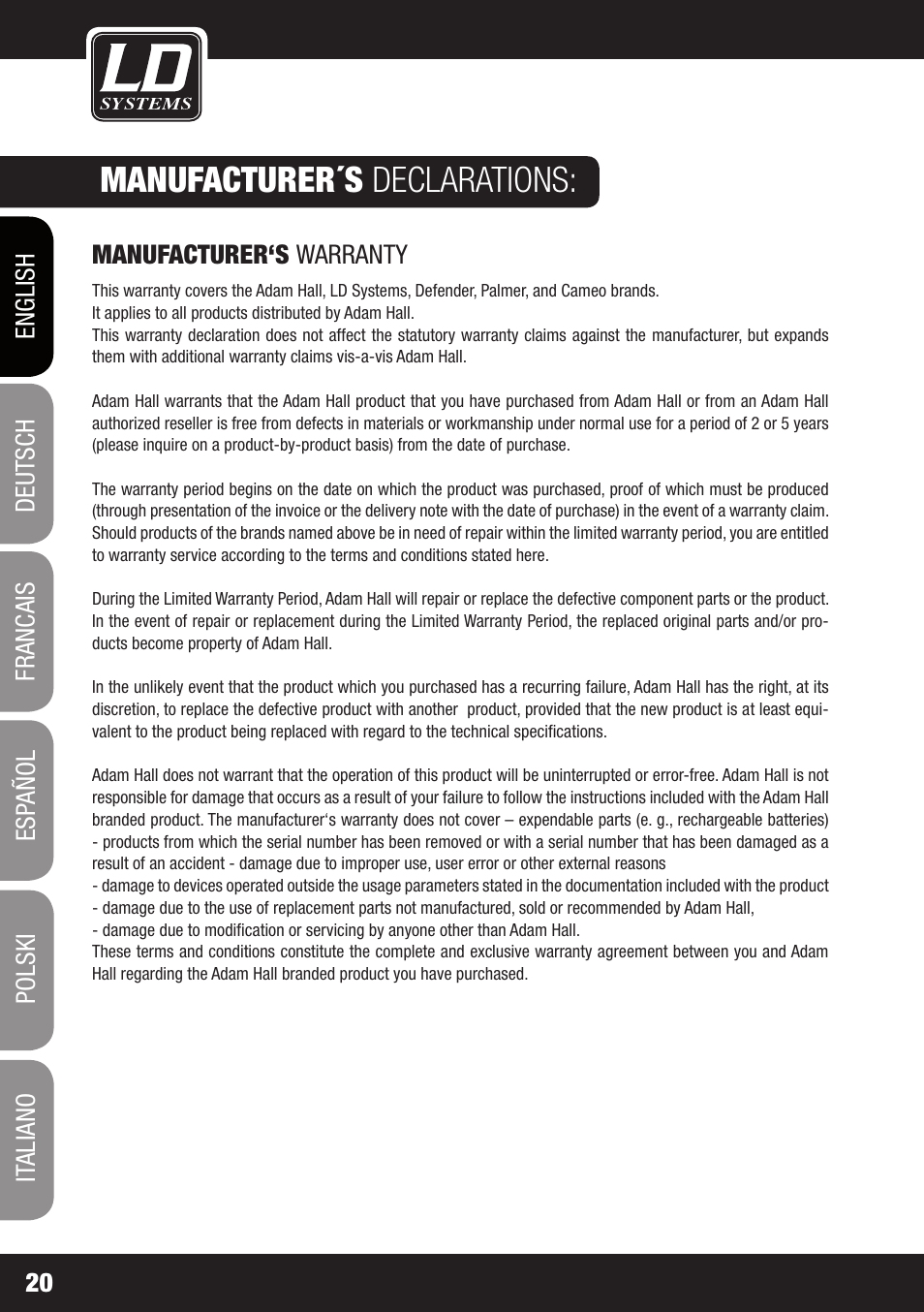 Manufacturer´s declarations | LD Systems DDQ SUB 18 User Manual | Page 20 / 136